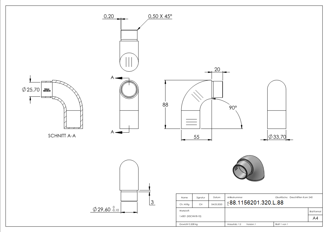 Embout 90° plat, pour tube 33.7 x 2.0mm