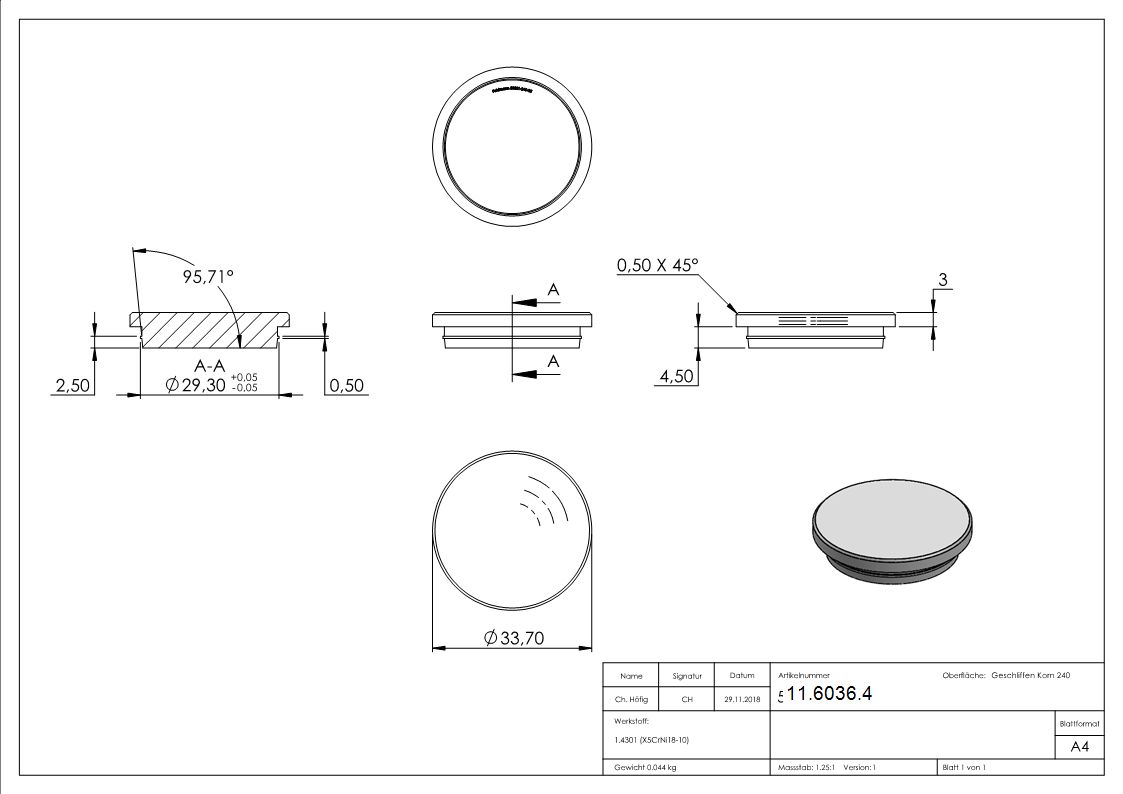 Bouchon plat V2A matériau plein pour Ø 33,7x2,6 mm - version mince conique