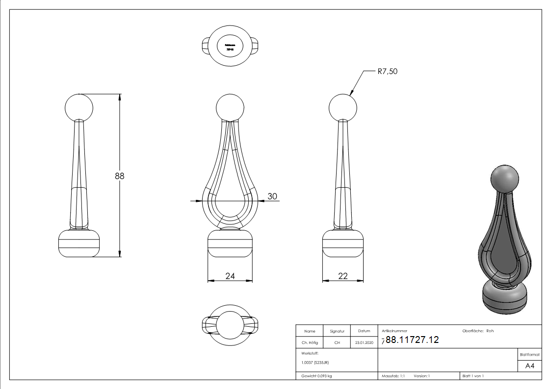 Zaunspitze Stahl roh Ansatz Ø 24 mm H 88 mm-88-11727.12