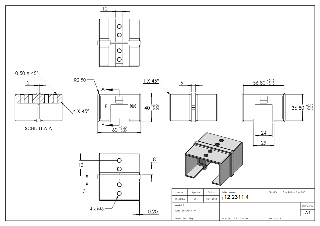 Verbinder - fuer Rechteck-Nutrohr- 60x40 mm - V2A-12-2311.4