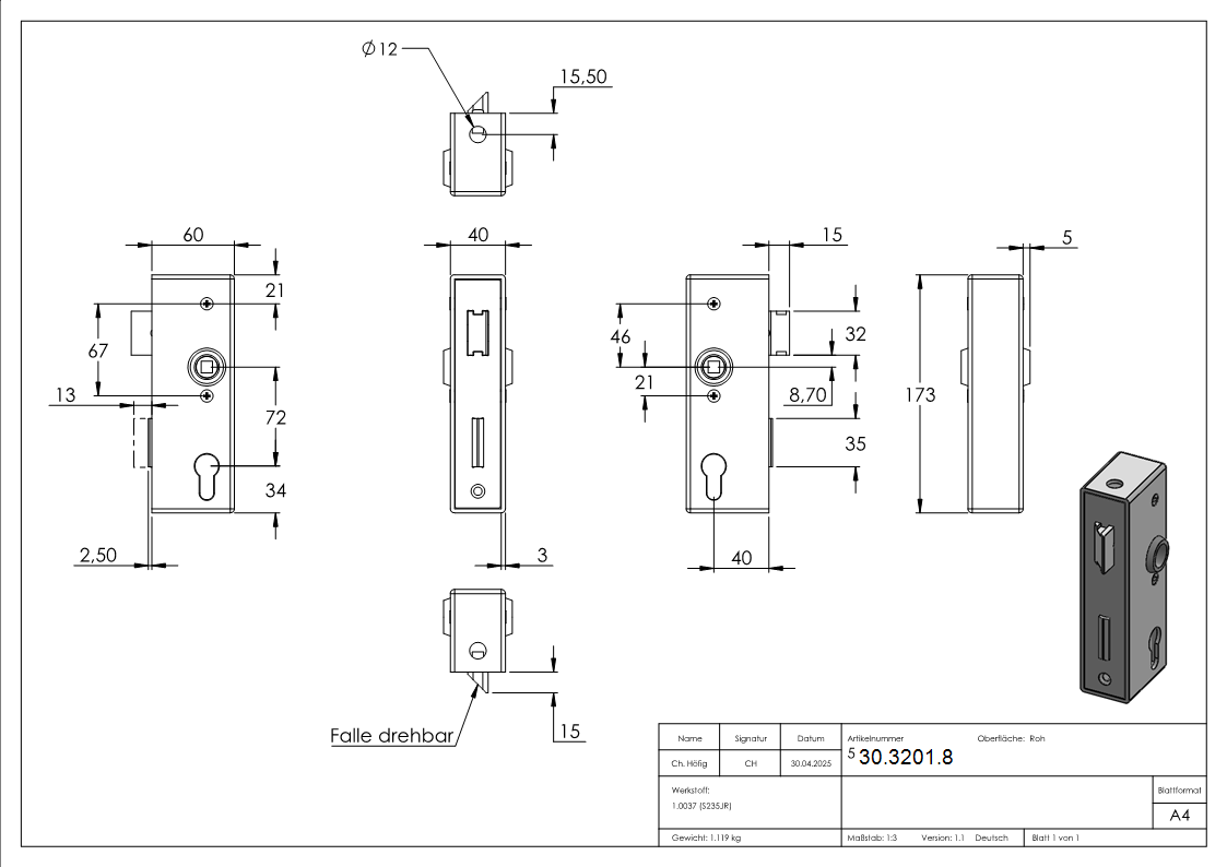 Schlosskasten verzinkt 40x60x173 mm Edelstahl Stulp-30-3201.8