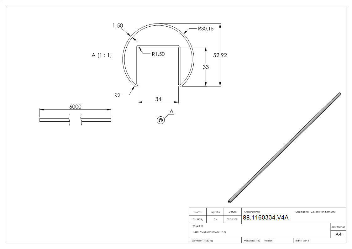Tube rainuré 60.3 x 1.5mm, L=6m, V4A