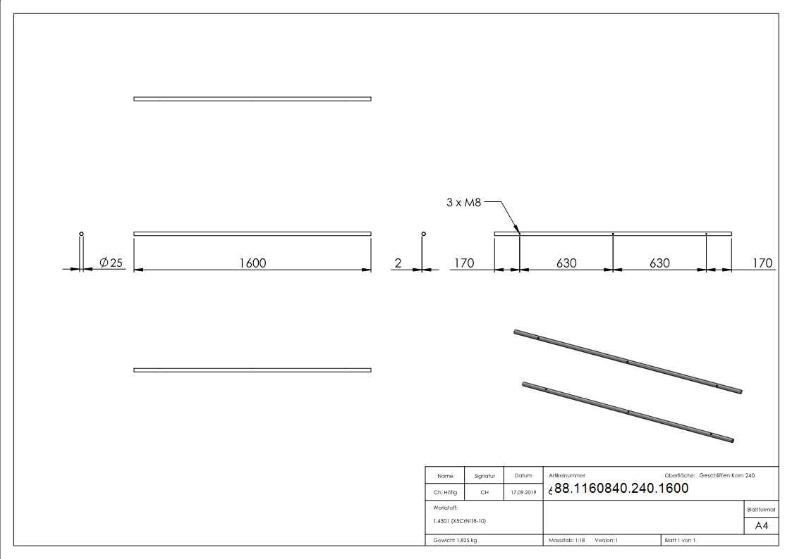 Laufschiene fuer Glasschiebetueren V2A Rohr 25 x 2 mm- 1600 mm- 3x M8 Gewinde-88-1160840-240.1600