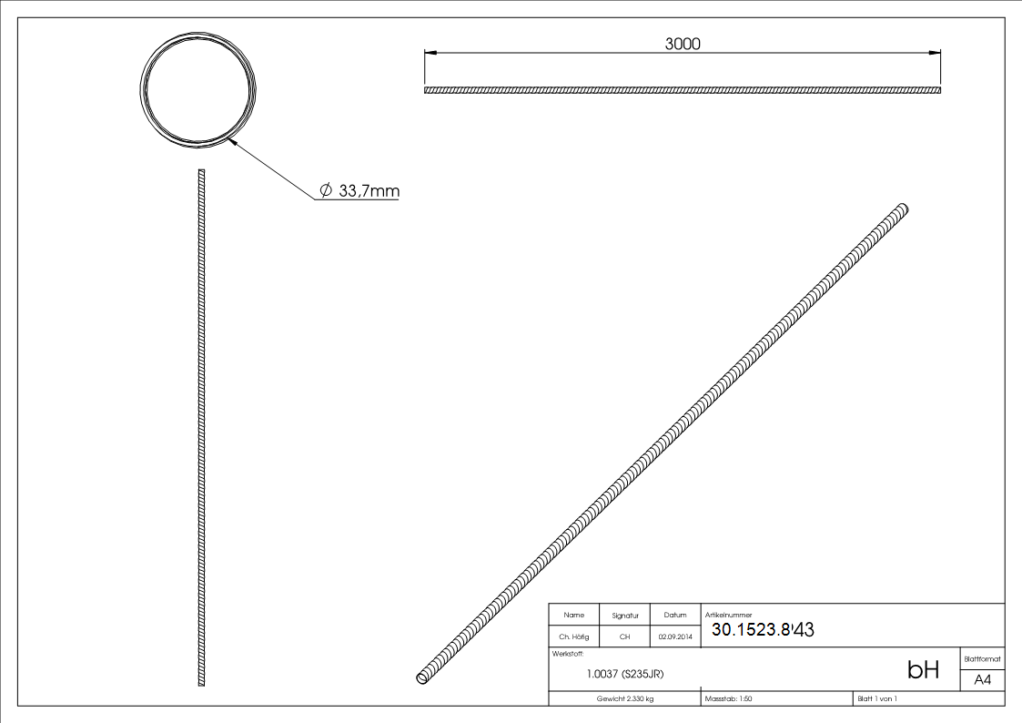 Rundrohr spindelfoermig geschmiedet  33-7x3-0 mm Laenge- 3000 mm Stahl -Roh-30-1523.8