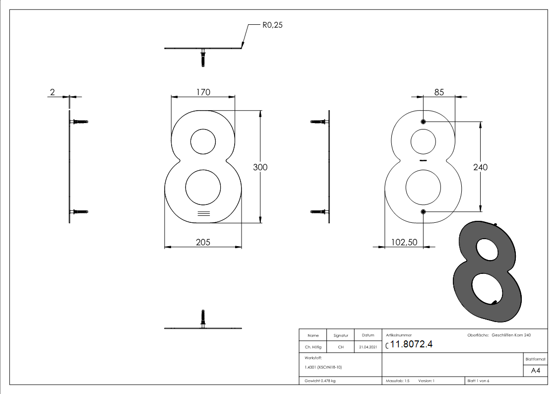 Hausnummer 8 - gross - Masse- 200 mm x 300 mm - V2A-11-8072.4