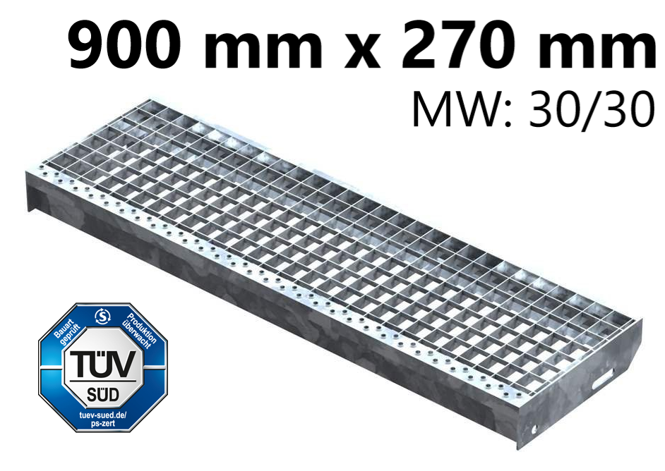 Marche en caillebotis Marche d'escalier | Dimensions : 900x270 mm 30/30 mm | S235JR (St37-2), galvanisé à chaud en bain complet