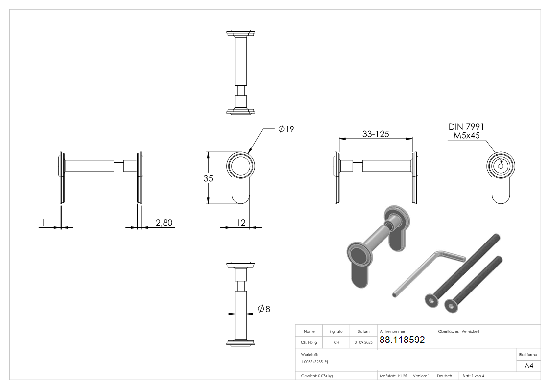 Blindzylinder variabel fuer Tuerstaerken 45 - 125mm bzw- 33 - 45mm-88.118592