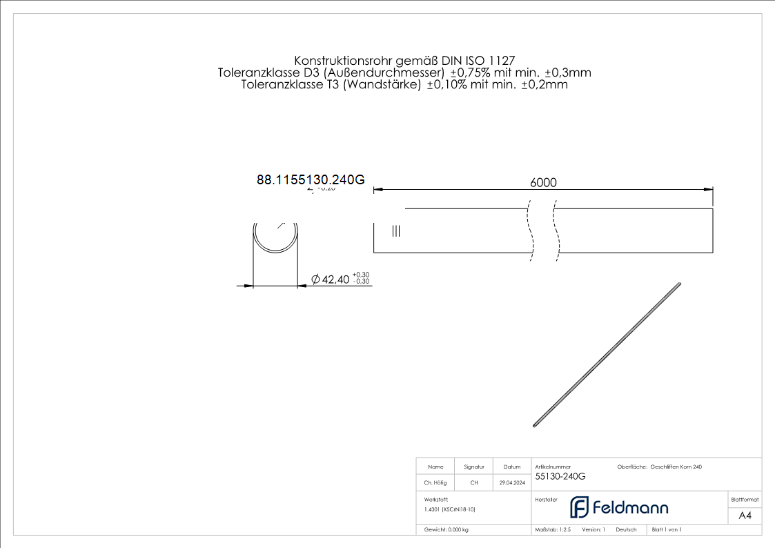 V2A-Rohr Korn 240 42-4x2-0mm geglueht-88-1155130.240G