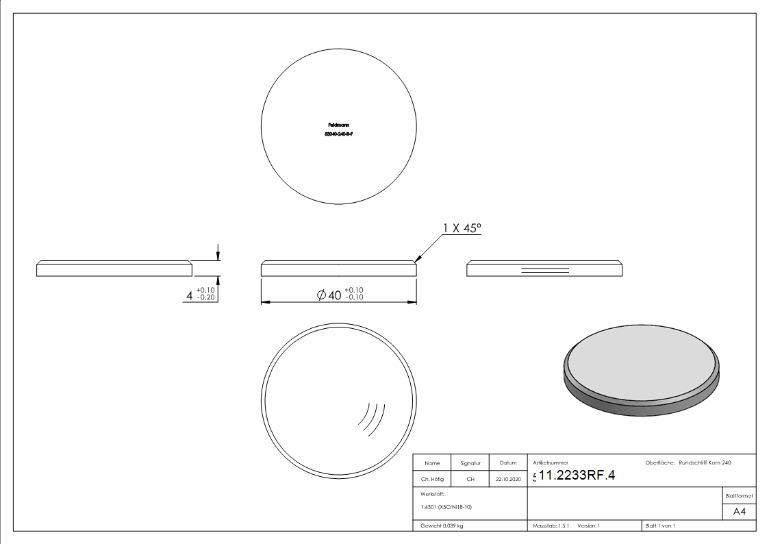 Ronde - Masse- Ø 40x4 mm - mit Rundschliff - Fase - V2A-11-2233RF.4