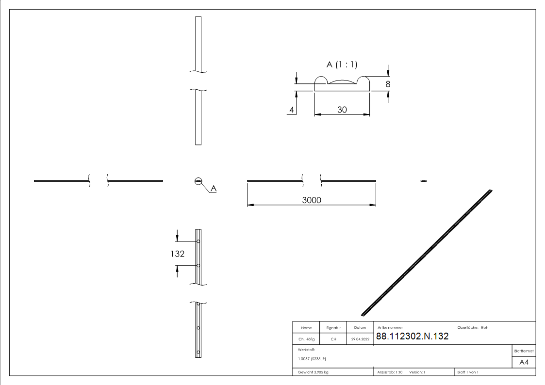 Hespeneisen 30x8x4 mm Profilstahl 3000mm S235JR Gelaenderbau-88-112302-N.132