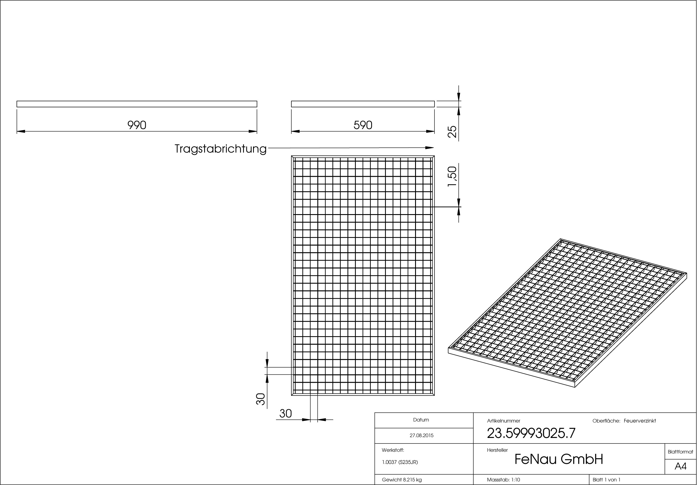 Lichtschachtrost Baunormrost - Masse-  590x990x25 mm 30-30 mm - aus S235JR -St37-2- im Vollbad feuerverzinkt-23-59993025.7