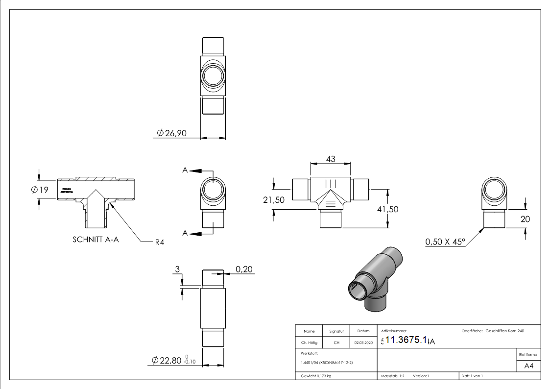 Pièce en T à sorties égales pour tube rond Ø 26.9x2.0 mm V4A