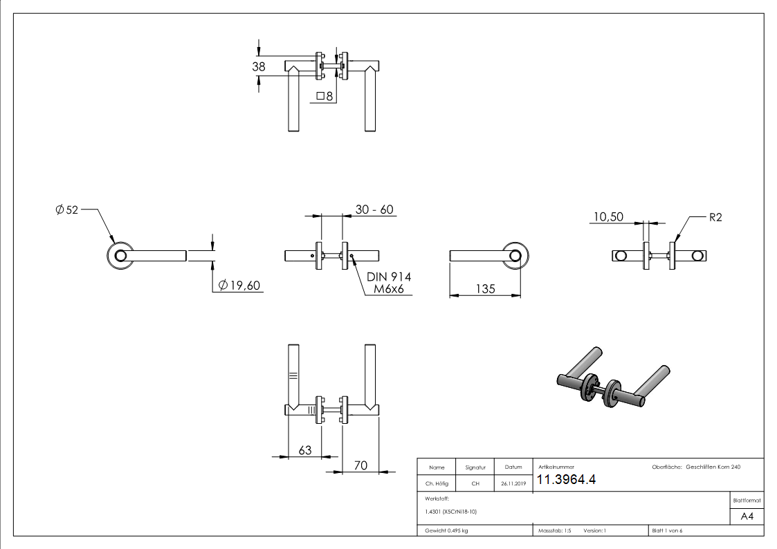 Tuerdrueckerpaar V2A  inklusive 8 mm Drueckerstift-11-3964.4