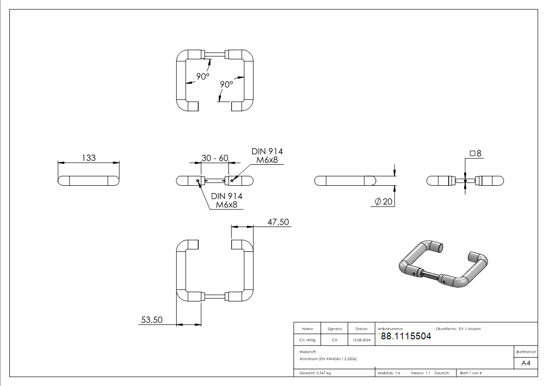 Tuerdrueckerpaar Aluminium fuer 8 mm Vierkantstift matt eloxiert-88.1115504