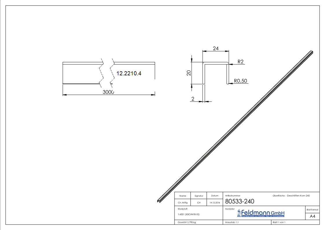 Kantenschutz - Masse- 24x20x2 mm - Laenge- 3000 mm - V2A-12-2210.4