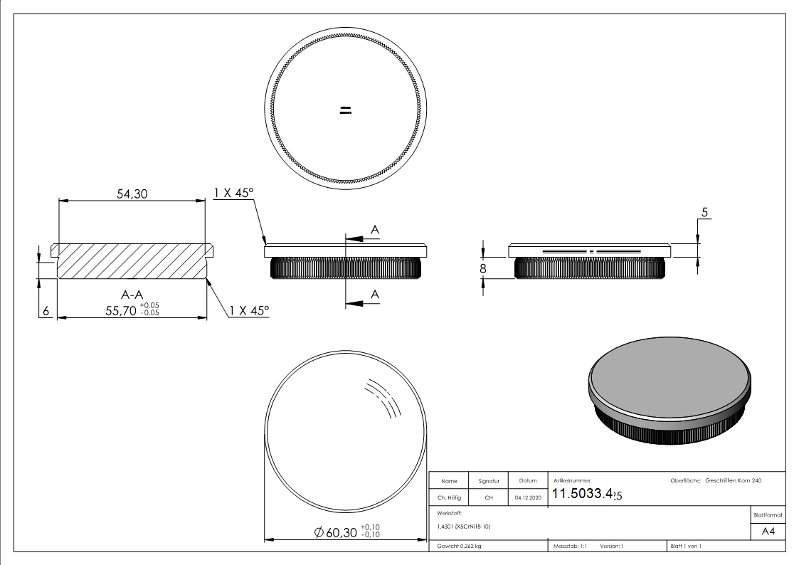 Bouchon plat pour Ø 60,3x2,6 mm V2A matériau plein