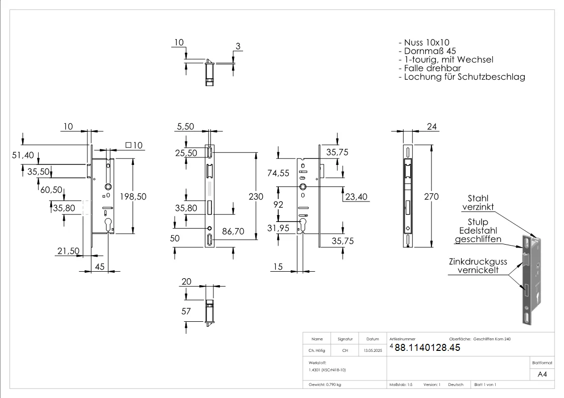 Rohrrahmenschloss verzinkt mit Langloch- Abstand 92 mm verzinkt- Dornmass 45mm-88-1140128.45