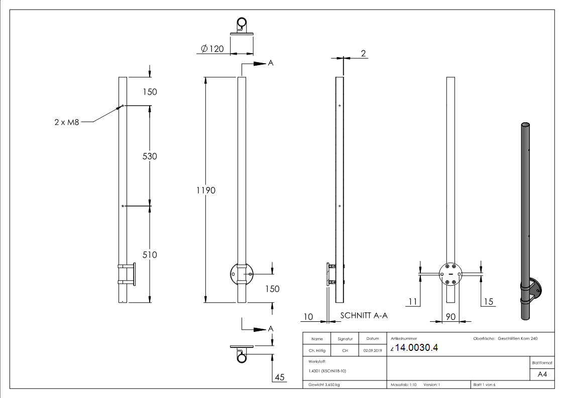 Gelaenderpfosten seitliche Montage fuer 2 Glasklemmen M8 Laenge- 1190 mm V2A-14-0030.4
