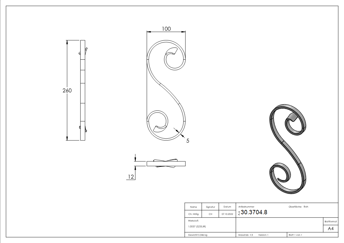 Vis en S | Dimensions : 260x100 mm | Matériau : 12x5mm | Acier S235JR, brut