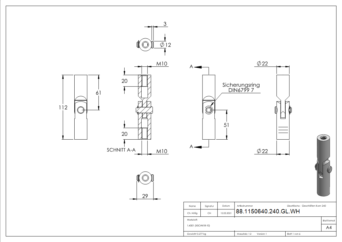 Gelenk zu Wandhalter Edelstahl V2A 2x M10 Gewinde geschliffen Korn 240-88-1150640-240-GL.WH