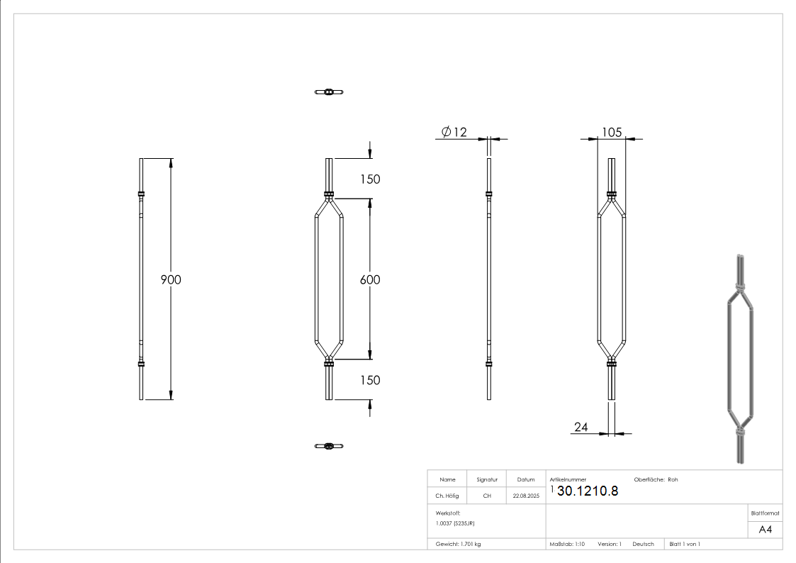 Zierstab - 900 mm - Material- 12 mm glatt - Stahl -Roh- S235JR-30-1210.8