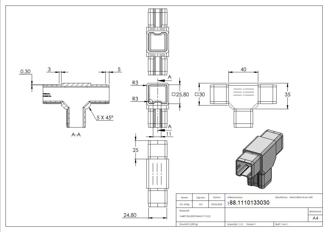 Connecteur pour tube 30x30x2mm, V4A