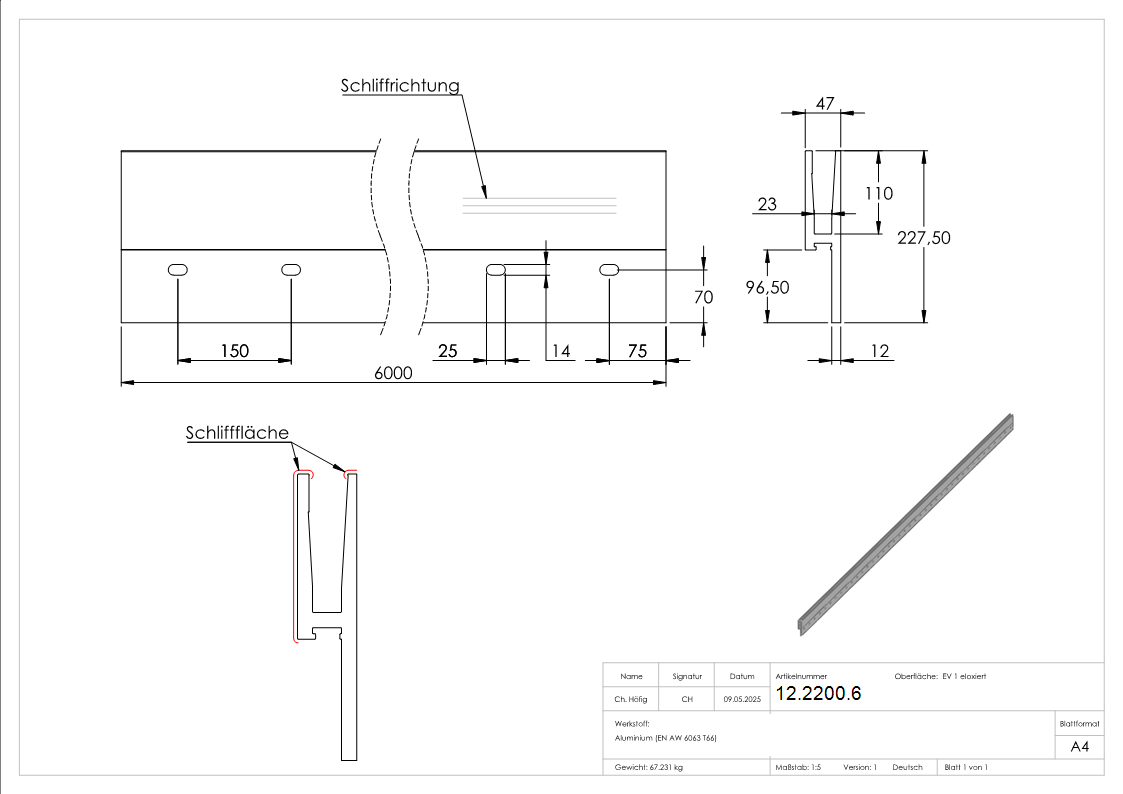 Alu-Profil - MASSIV2 - Laenge- 6000 mm - seitliche Montage - Aluminium-12-2200.6