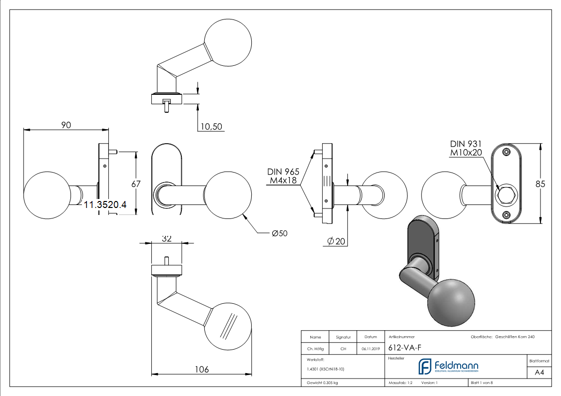 Tuerdruecker gekroepft mit Kugel Ø 50 mm feststehen V-11-3520.4