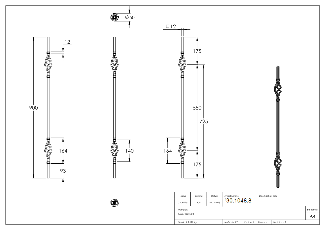 Barre décorative | longueur : 900 mm | matériau : 12x12 mm | lisse | acier (brut) S235JR