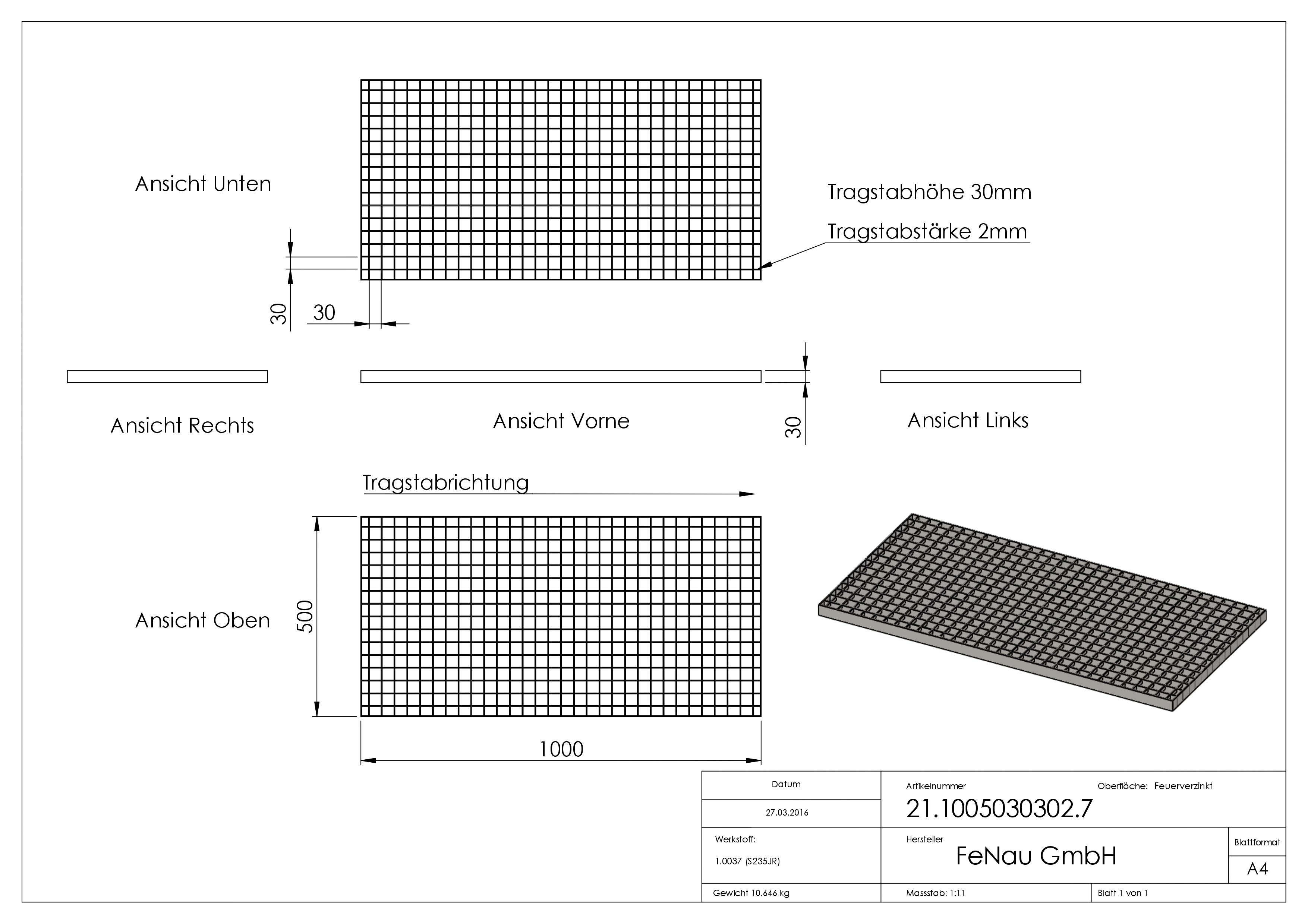 Industrie-Gitterrost - Masse- 1000x500x30 mm; 30-30 mm; 30-2 mm - S235JR -St37-2- im Vollbad feuerverzinkt-21-1005030302.7