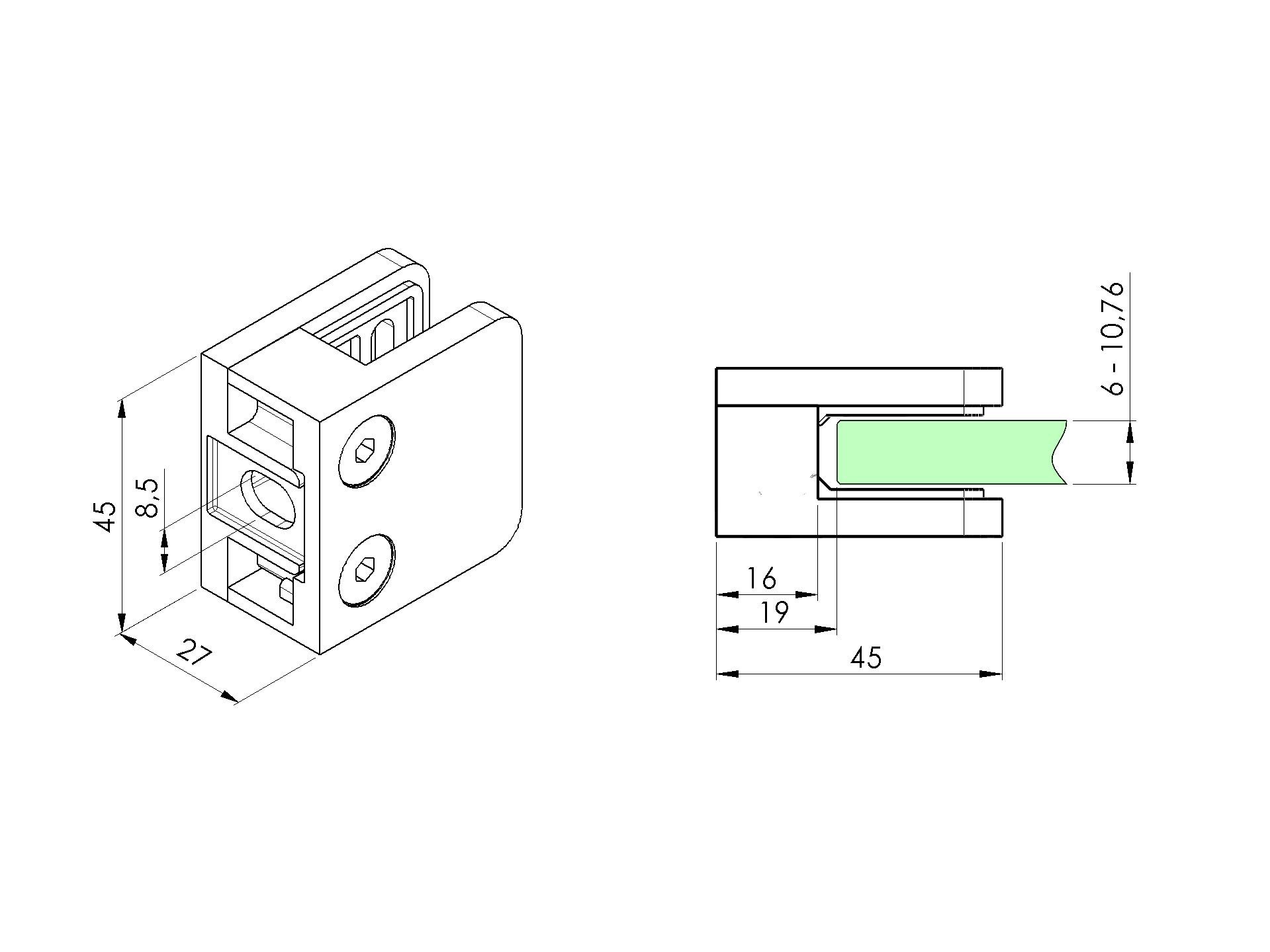 Glasklemme 45×45×27 mm – Flachanschluss- Pulverbeschichtung RAL 9005 Schwarz - FeNau-18-2100-A.3_BLACK