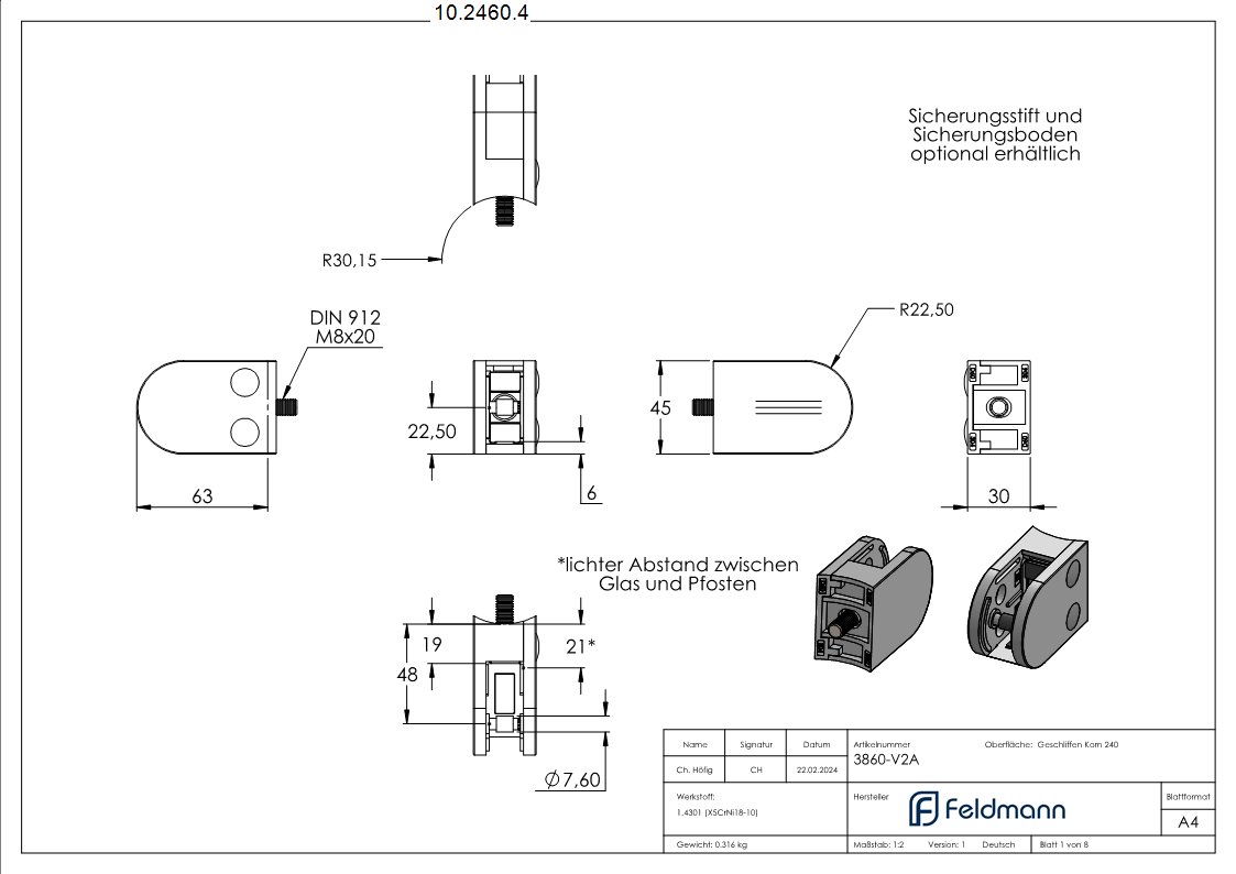 Pince à verre 63x45x30 mm AbZ pour connexion Ø 60,3 mm V2A