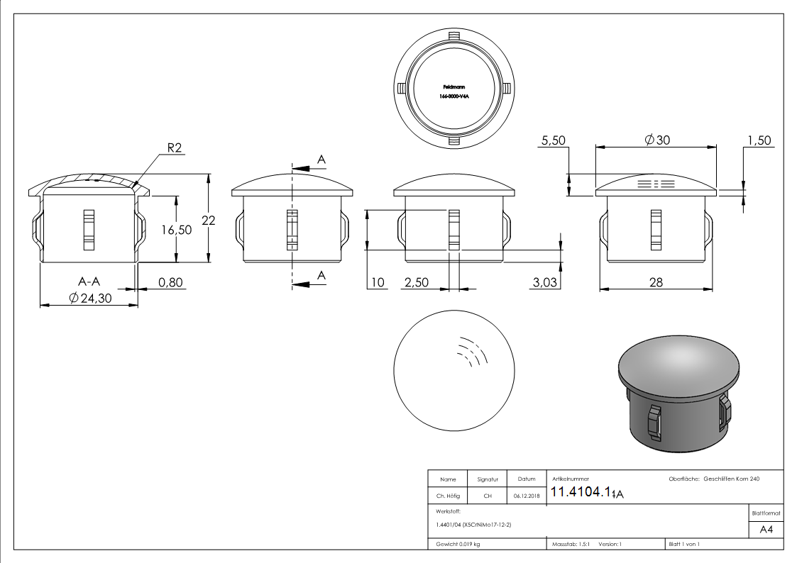Rohrstopfen fuer Ø 30-0x1-6-2-5 mm leicht gewoelbt zum Einschlagen V4A-11-4104.1