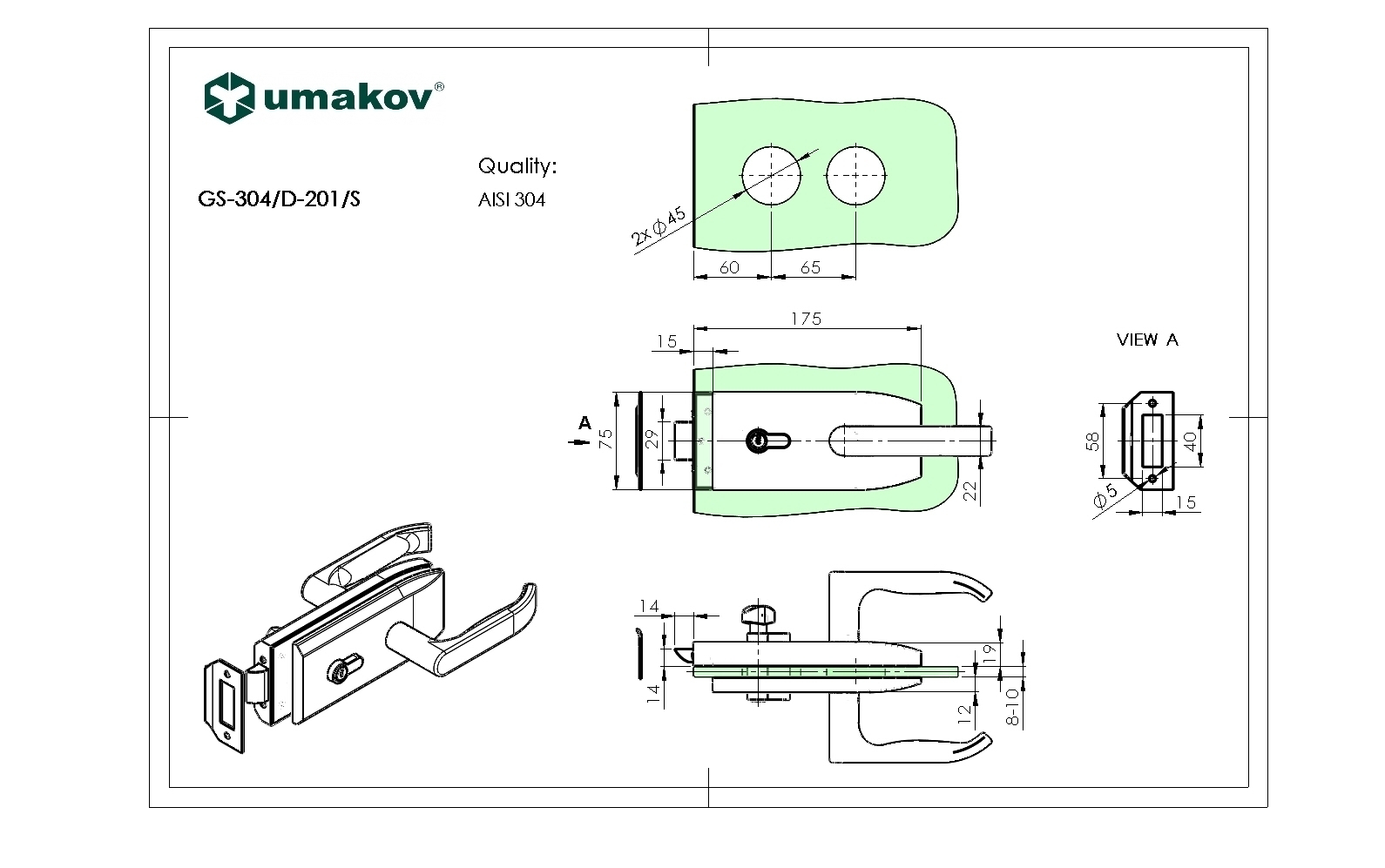 Glastuerschloss Edelstahl AISI 304- Glasstaerke 8-12mm- PZ-WC- geschliffen-89-11GS304D201S-A.4