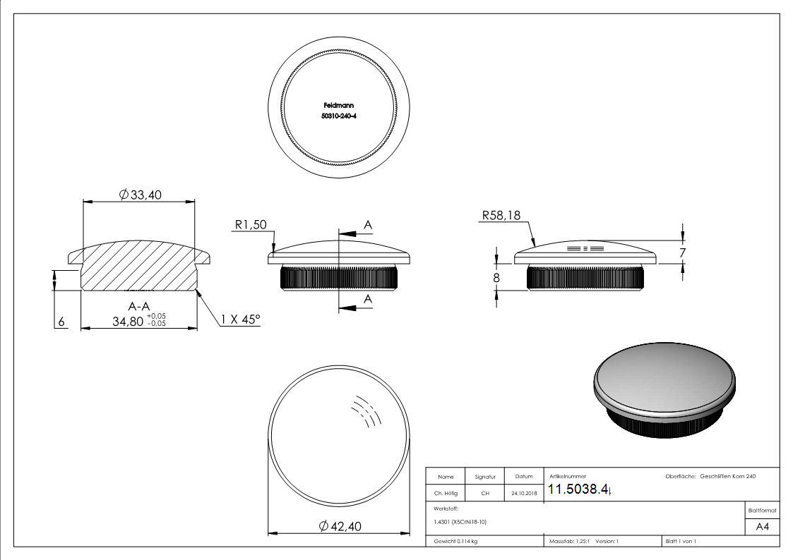 Bouchon légèrement bombé pour Ø 42.4x4.0 mm V2A matériau plein