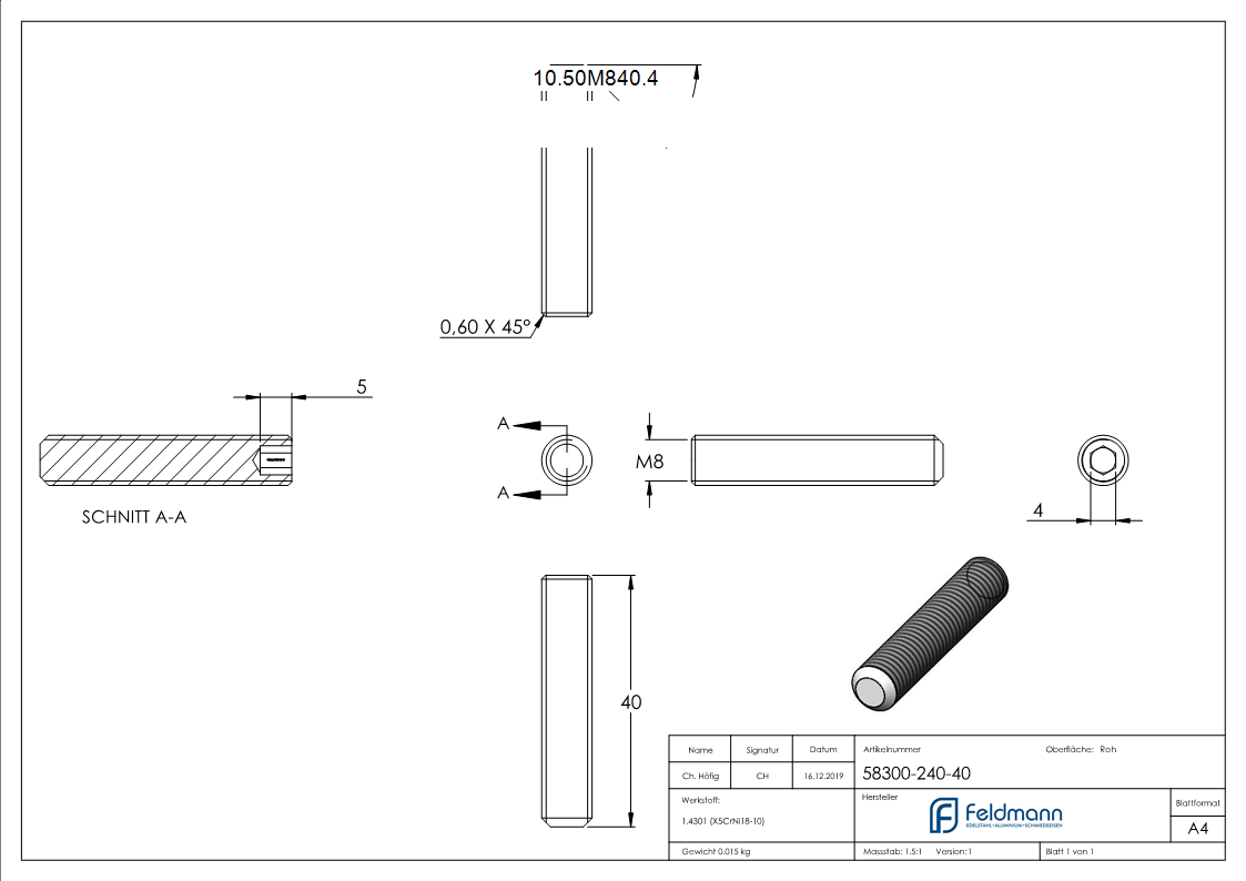 Gewindestift V2A M8x40 DIN 913 - ISO 4026 Kegelkuppe-10-50M840.4