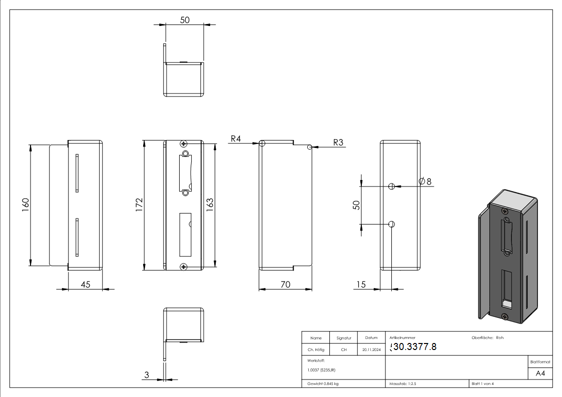 Gegenkasten Stahl S235 fuer 50 mm Schlosskasten- V2A Schliessblech- anschweissbar-30-3377.8
