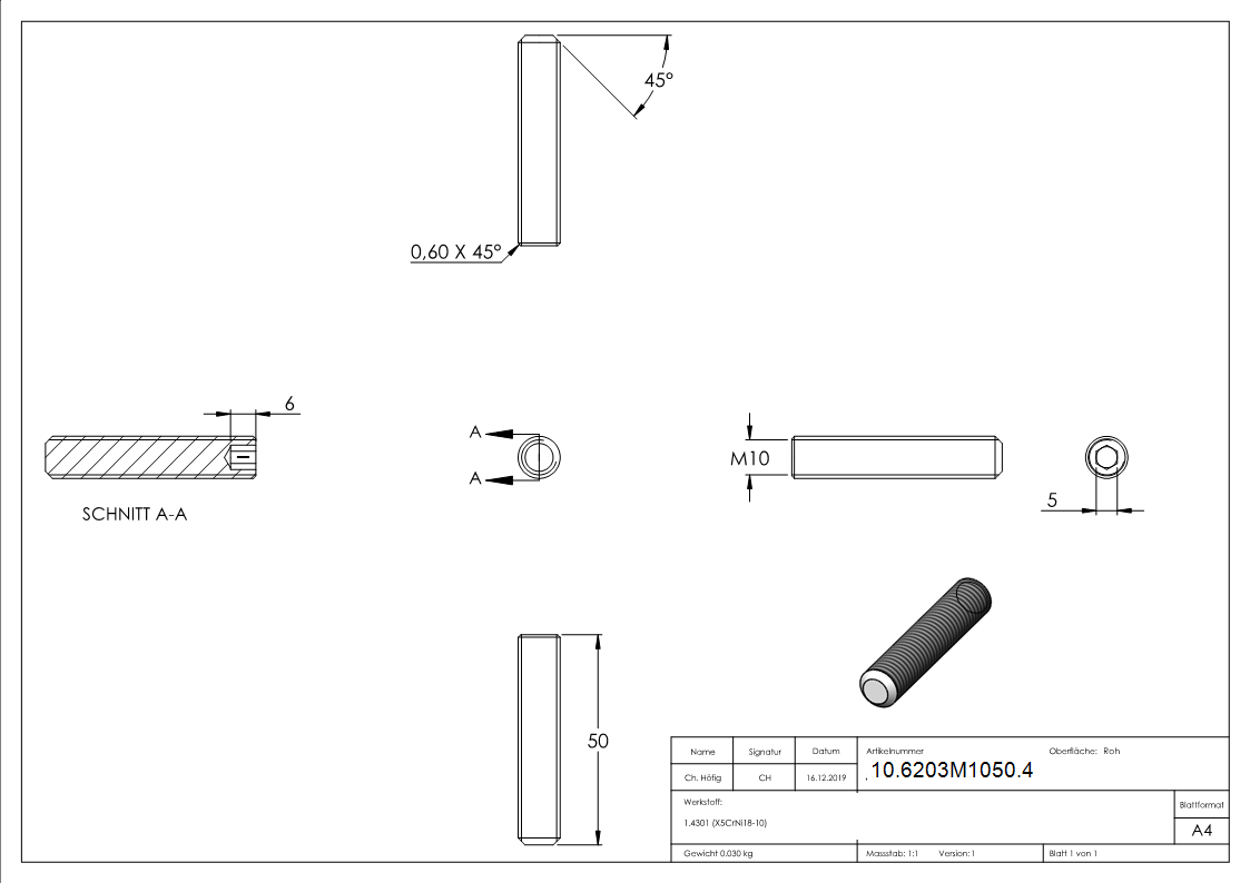 Goupille filetée M10 x 50 mm | V2A