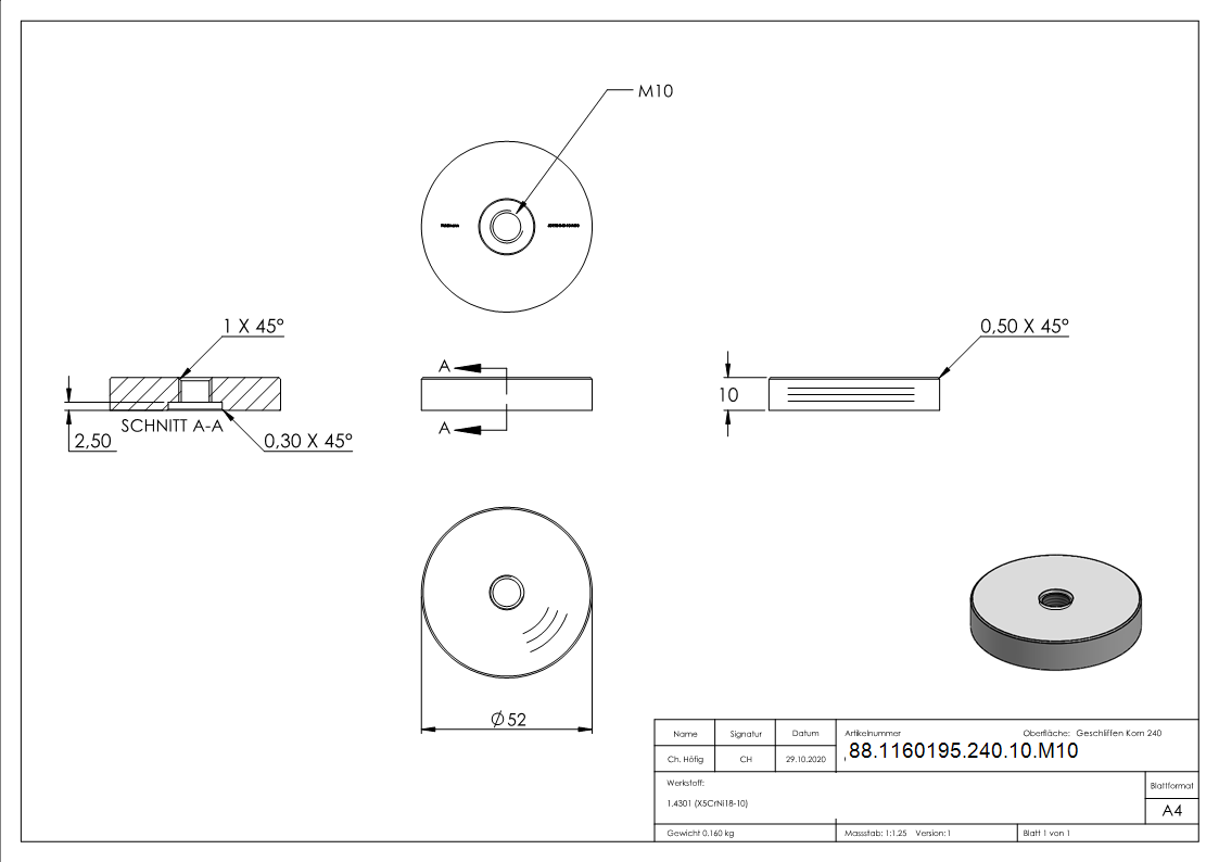 Glaspunkthalter-Unterteil Ø 52 mm- V2A- M10- Hoehe- 10 mm-88-1160195-240-10.M10