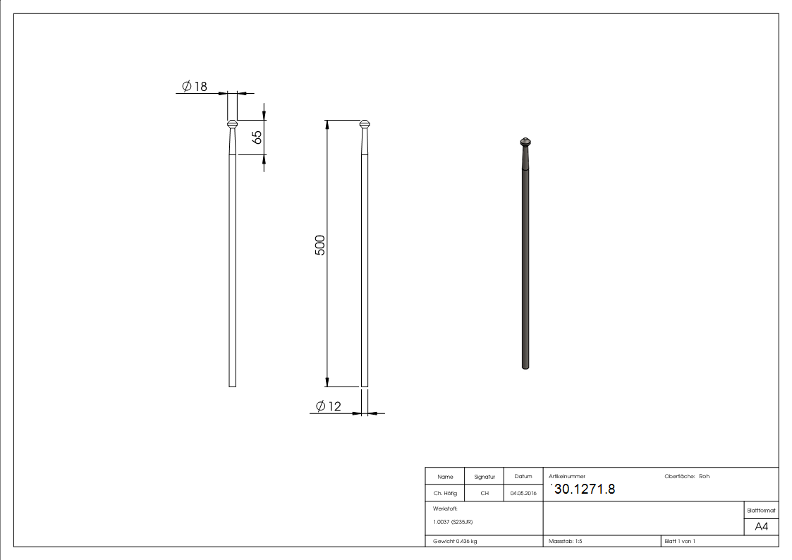 Zaunstab - Laenge- 500 mm - Material Ø 12 mm - Stahl S235JR- roh-30-1271.8