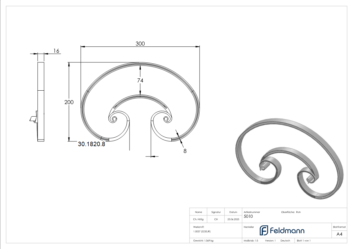 Schwerbarock - Masse- 300x200 mm - Material- 16x8 mm- gerillt - Stahl S235JR- roh-30-1820.8