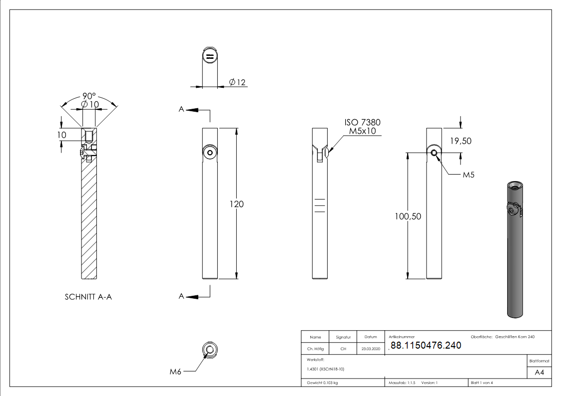 Broche Ø 12mm, longueur : 120mm, avec filetage intérieur, V2A