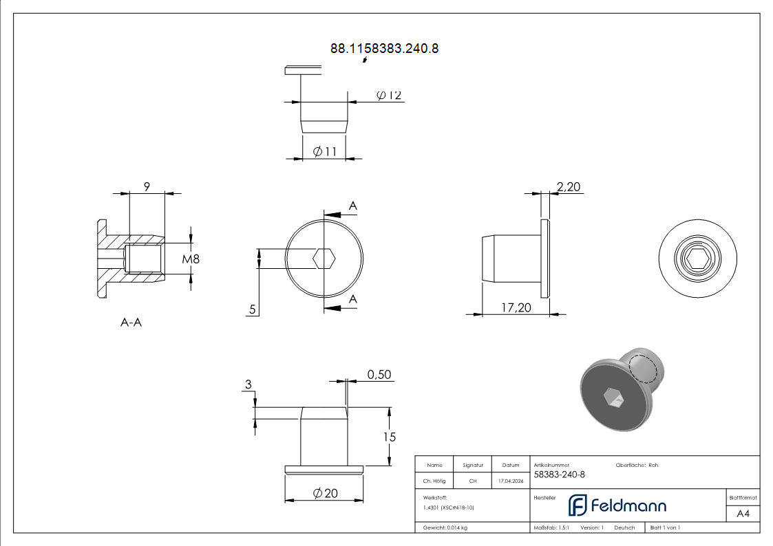 Huelsenmutter Edelstahl V2A M8 Flachkopf Innensechskant-88-1158383-240.8