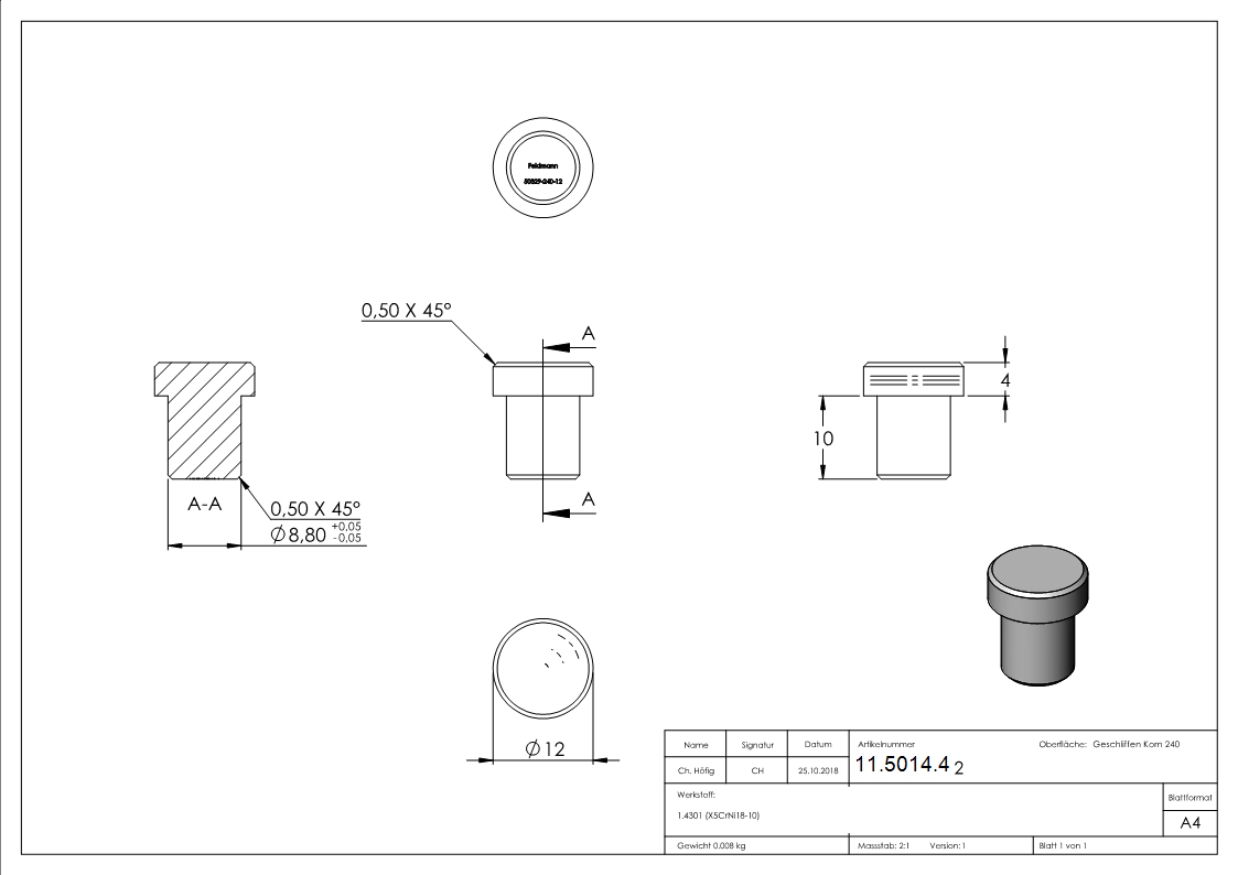 Bouchon plat V2A en matériau solide pour Ø 12,0x1,5 mm