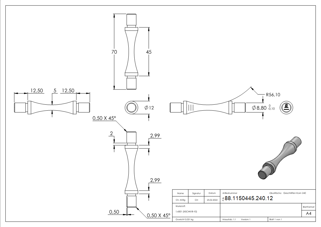 Raccord de barre ronde pour cintrage, pour tube 12 x 1,5mm, V2A