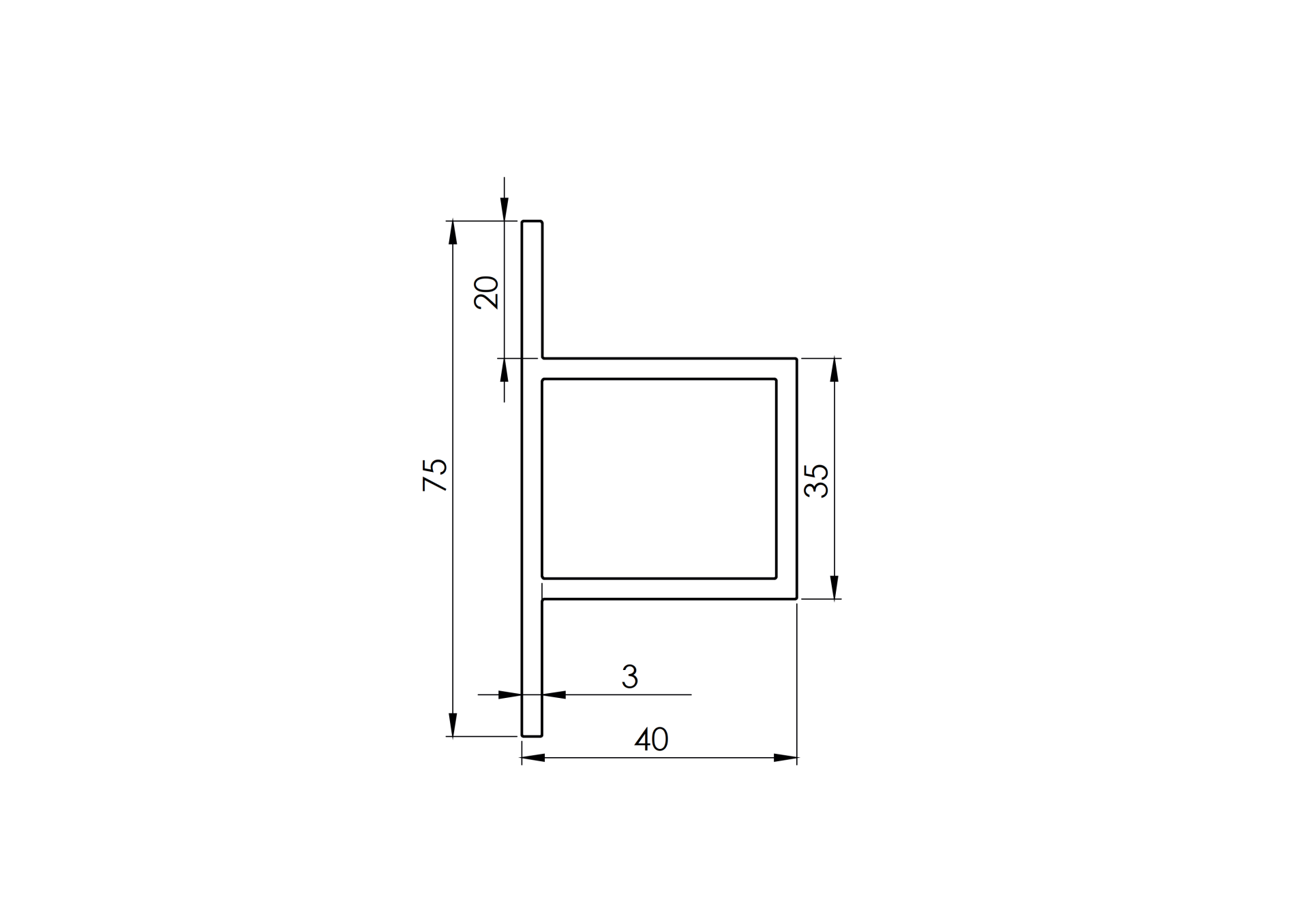 Aluminium T-Profil geschlossen 75 x 35 x 40 x 3 mm- 6000 mm-89.ALT75X35X40X36000