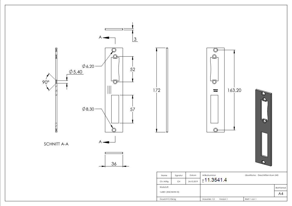 Schliessblech 40x172x3 mm fuer Einsteckschloesser V2A-11-3541.4