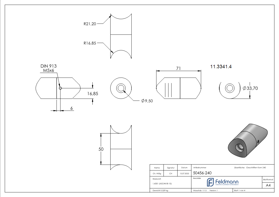 Reduzierverbinder V2A Ø 33-7 mm auf Ø 42-4 mm- L 50 mm- mit Madenschraube-11-3341.4