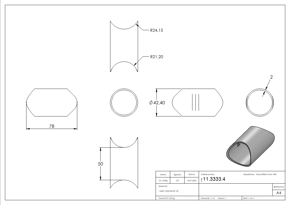 Raccord pour tube rond Ø 42,4 mm V2A