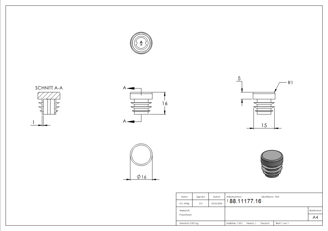 Kunststoffkappe fuer Rundrohr 16mm-88-11177.16